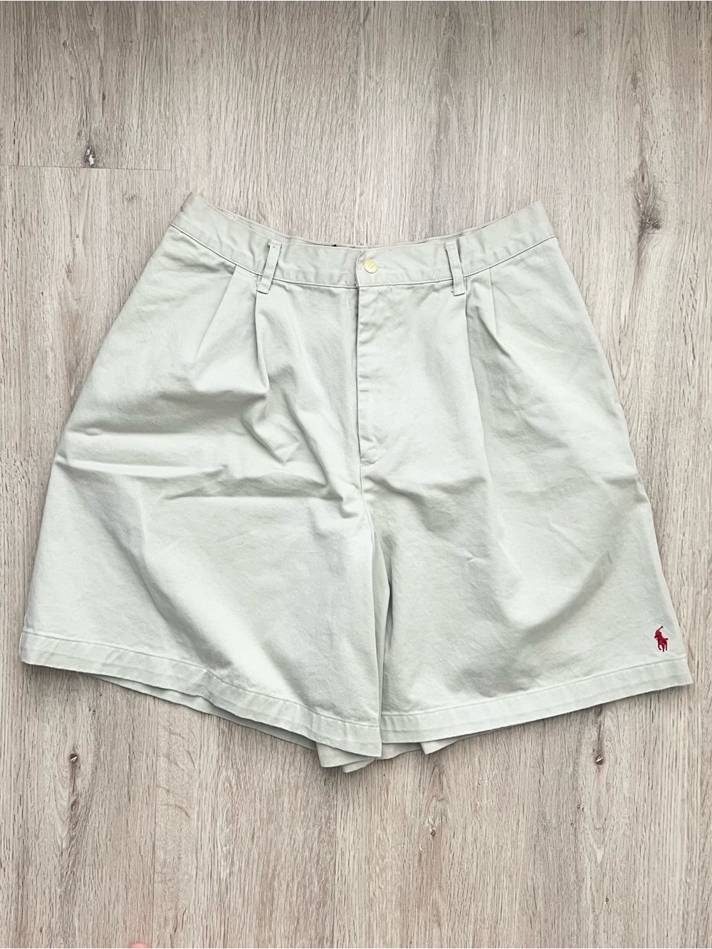 Vintage Ralph Lauren Pleated Chino Shorts Womens 14 Tan Khaki USA Red Pony